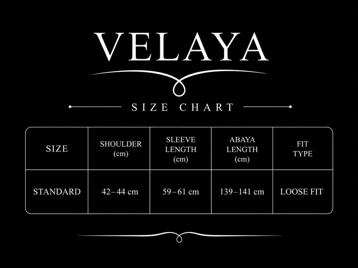 Size guide for Layali Abaya
