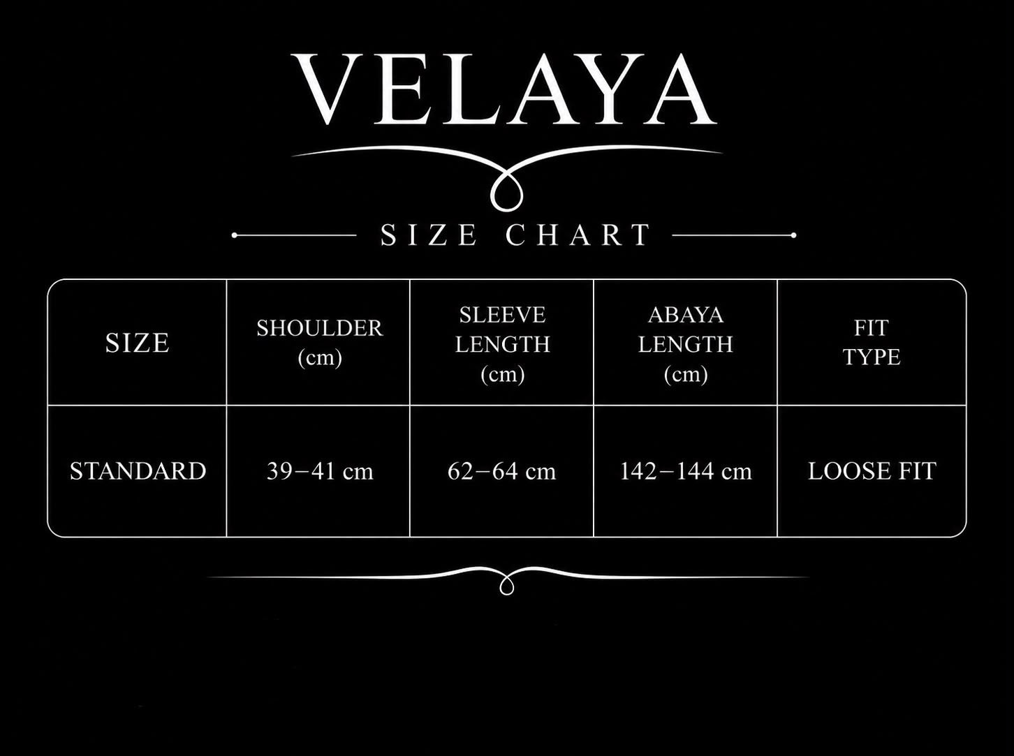 Size guide for Burgundy Amara Abaya